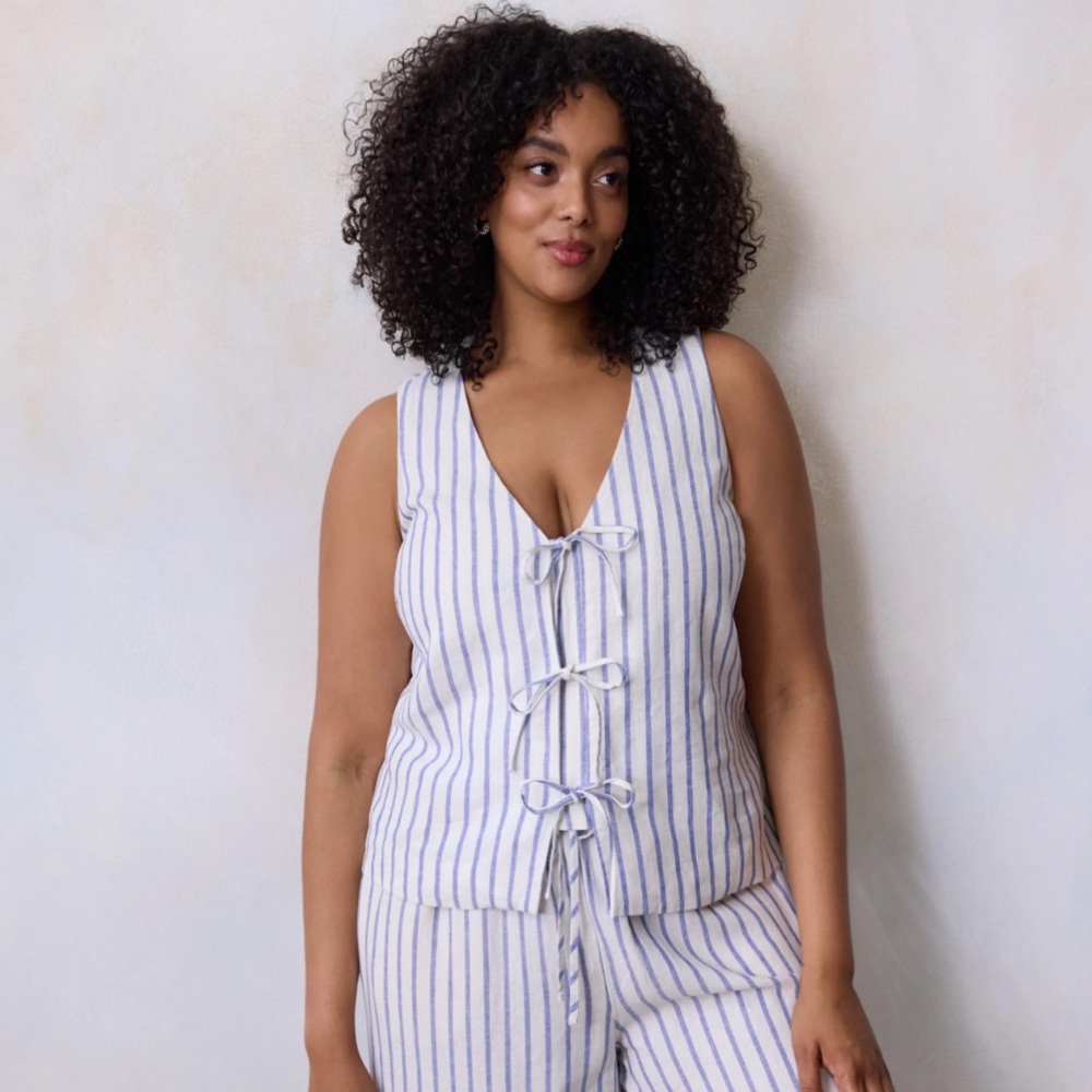 LC Lauren Conrad Blue and White Striped Tie-Front Blouse